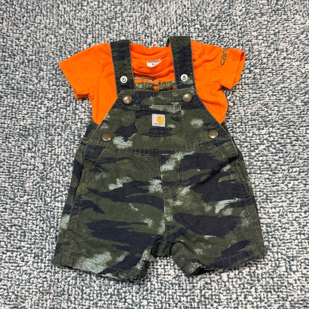 Carhartt Baby Boy 6M Camo Shortalls & Orange Explore More Bodysuit Set SD8852-B